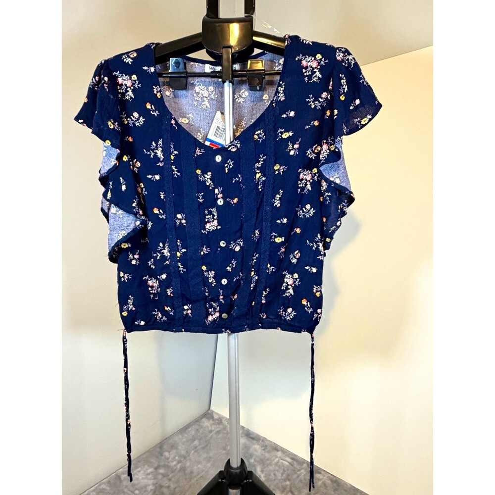 Wallflower Women’s XL Navy Floral V-Neck Button Front Ruffle Sleeve Blouse